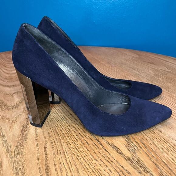 Stuart Weitzman Lucite Navy Suede Almond Toe Chunky Pumps Blue Heels Women’s 9 - Picture 1 of 11